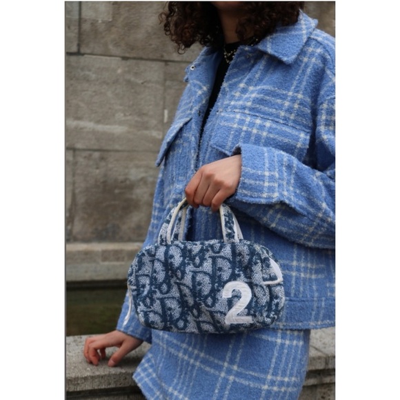 DIOR VTG Y2K Trotter No. 2 Bag Handbag Cotton Blue White Galliano Vintage Rare - Picture 2 of 14